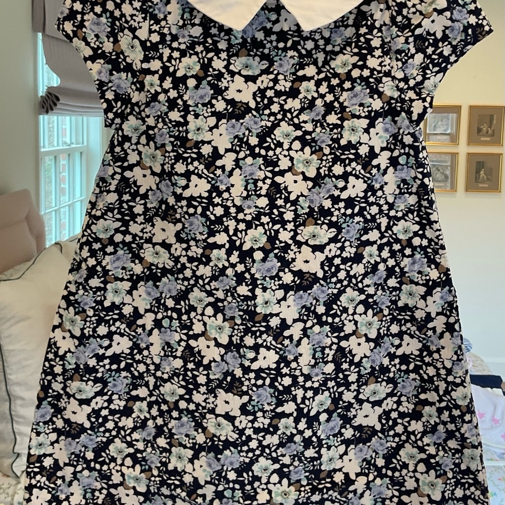 Girls Navy Floral Dress with White Peter Pan Collar